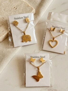 3-Piece Gold Tone Stainless Steel Animal & Heart Jewelry Set